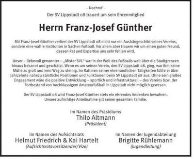 NACHRUF - Der SV Lippstadt 08 trauert um sein Ehrenmitglied Franz- Josef Günther